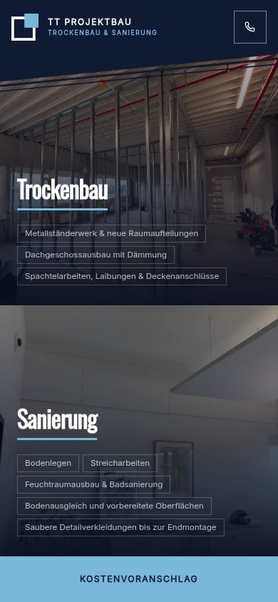Mobile Ansicht der Website TT Projektbau