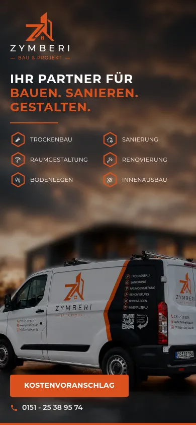 Mobile Ansicht der Website Zymberi Bau & Projekt